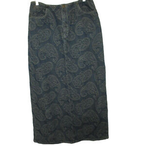 Vintage Liz Claiborne LizWear Denim Paisley Embroidered Maxi Skirt 8 Back Slit